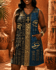 Egyptian Eye Motif Print V-neck Mini Dress With Pocket