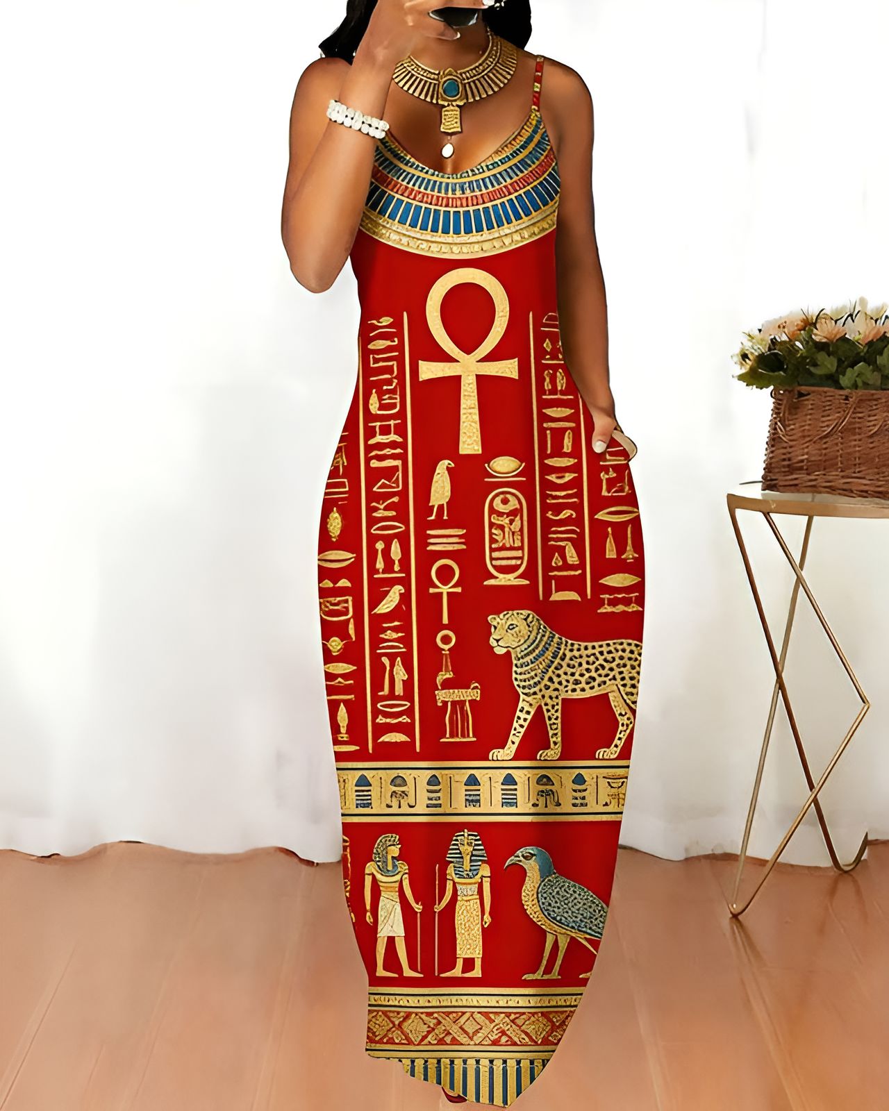 Sling Egyptian Golden Ankh Symbol Print Pocket Maxi Dress