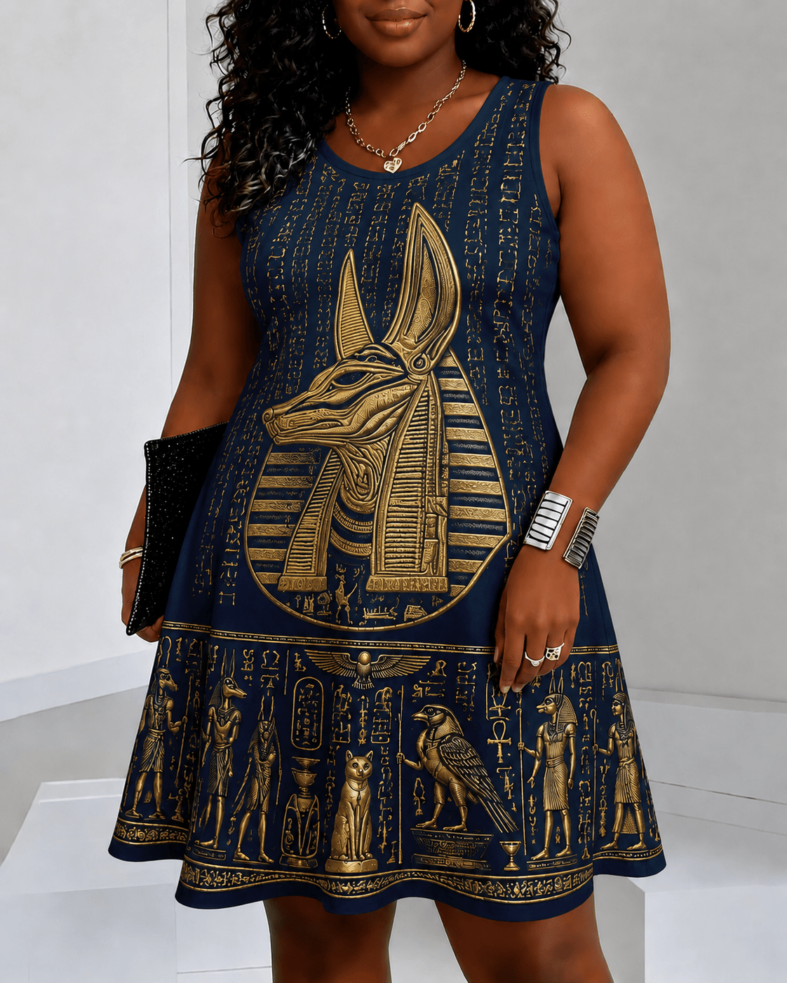 Egyptian Jackal Head Statue Round Neck Sleeveless Mini Casual Dress