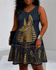 Egyptian Jackal Head Statue Round Neck Sleeveless Mini Casual Dress