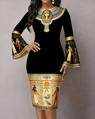 Egyptian Goddess Totem Splicing Flared Sleeves Mini Dresses