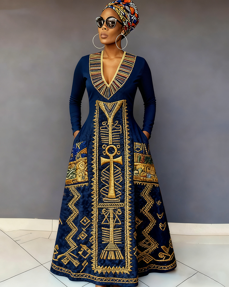 Egyptian Golden Geometric Totem Long-Sleeved Maxi Dress