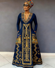 Egyptian Golden Geometric Totem Long-Sleeved Maxi Dress