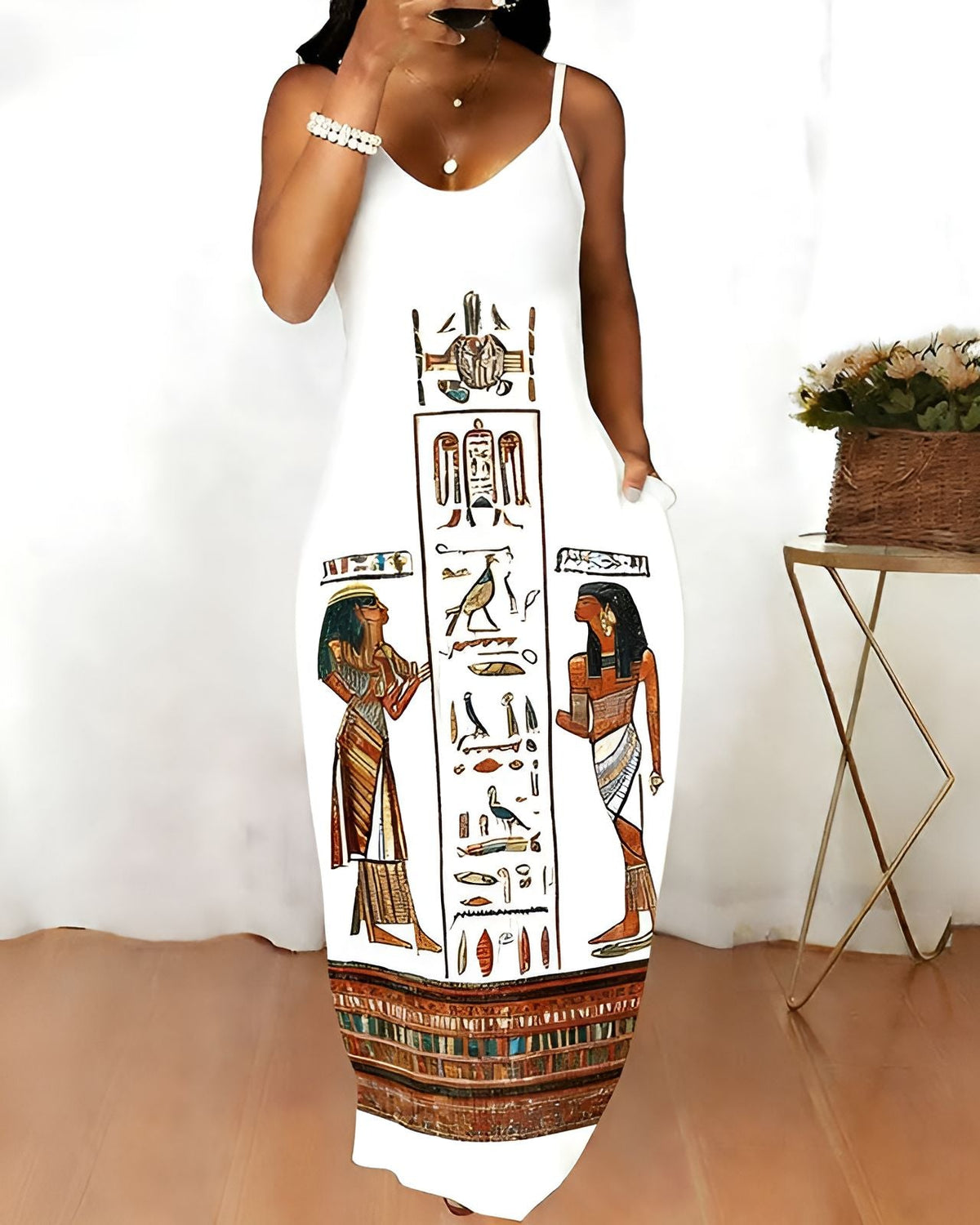 Sling Egyptian Totem Prints Pocket Maxi Dress