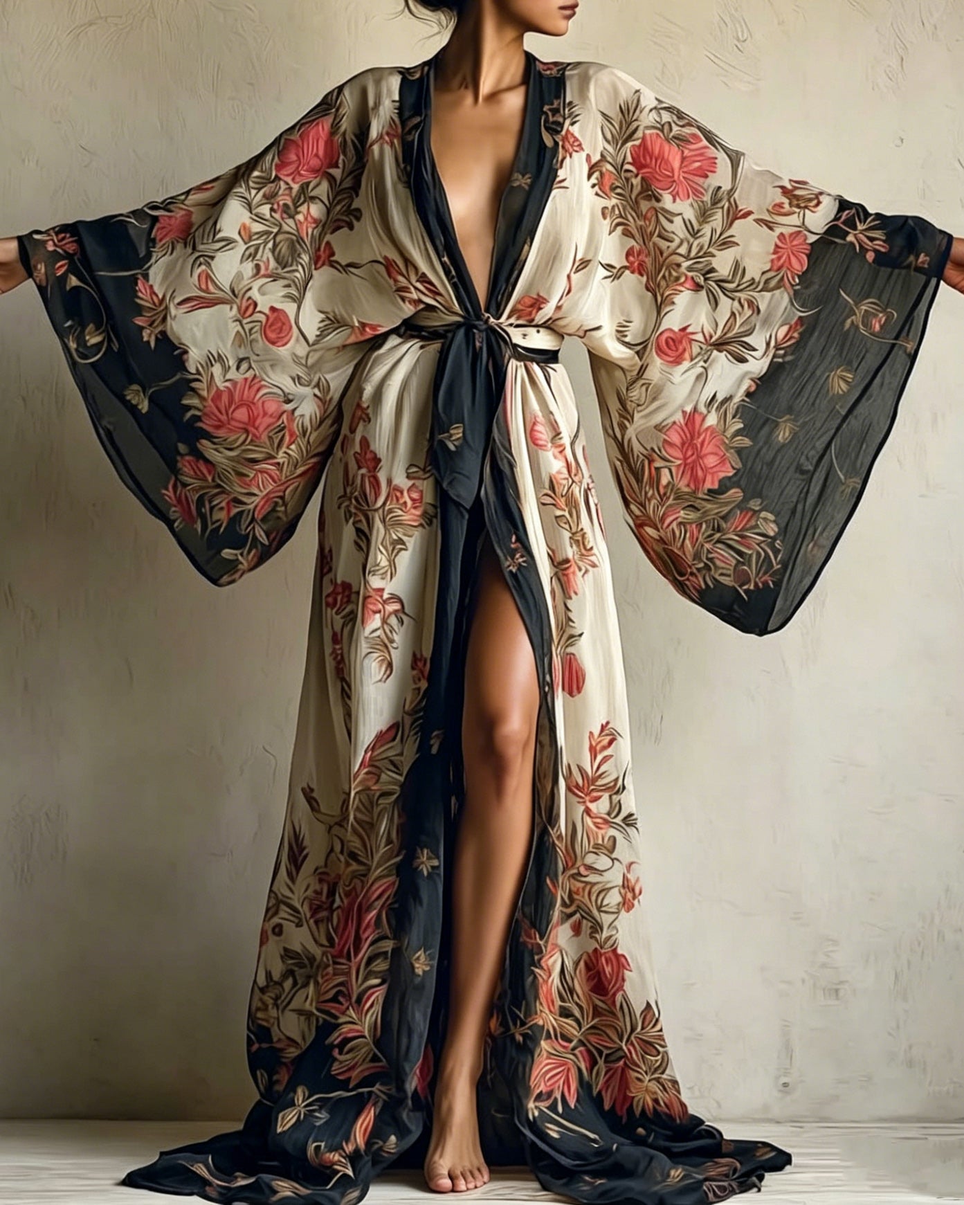 Elegant Rose Print Belted Cardigan Robe Dress