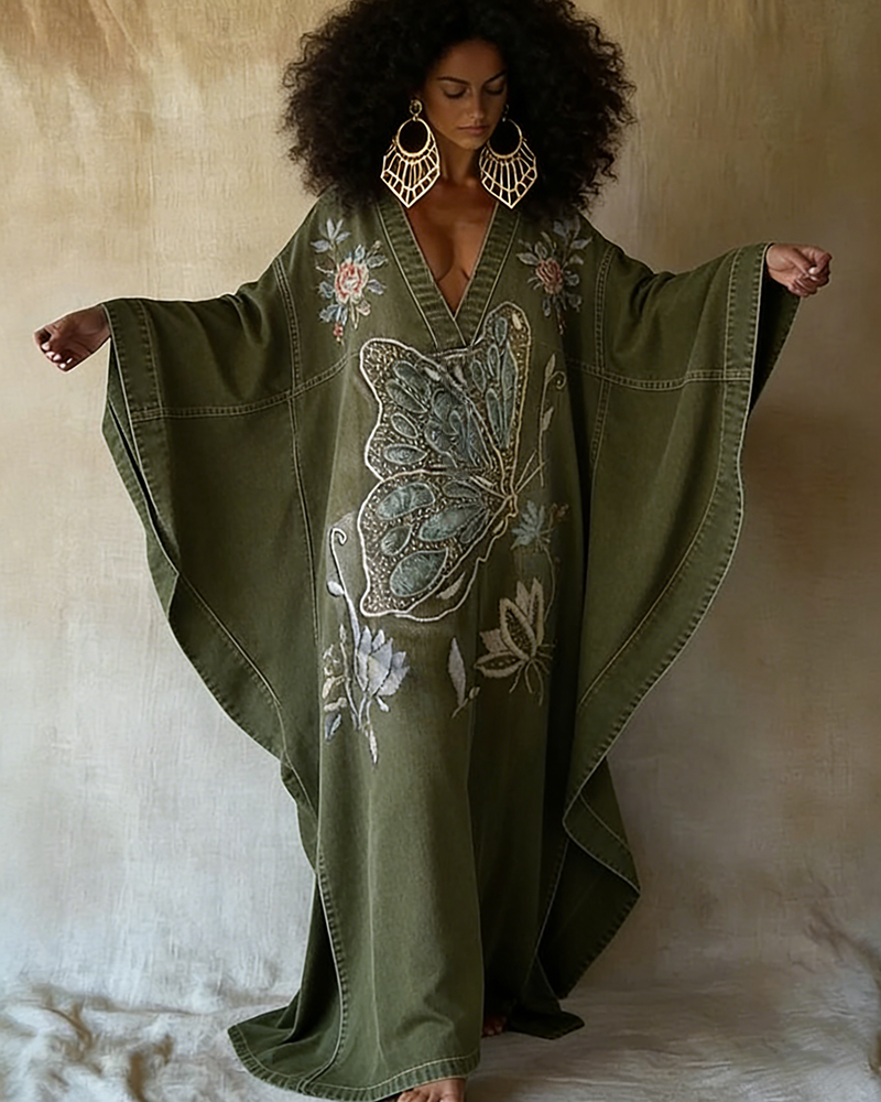 Elegant Butterfly Flowers Print V-neck Long Kaftan Dress
