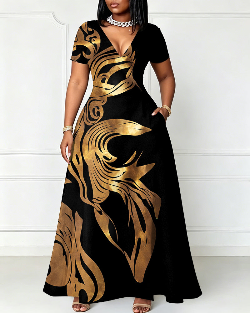 V-Neck Elegant Gold Floral Texture Pocket Short-Sleeved Maxi Dress