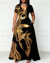 V-Neck Elegant Gold Floral Texture Pocket Short-Sleeved Maxi Dress