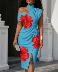 Elegant Red Flowers Print One-shoulder Draped Asymmetrical Midi Dress