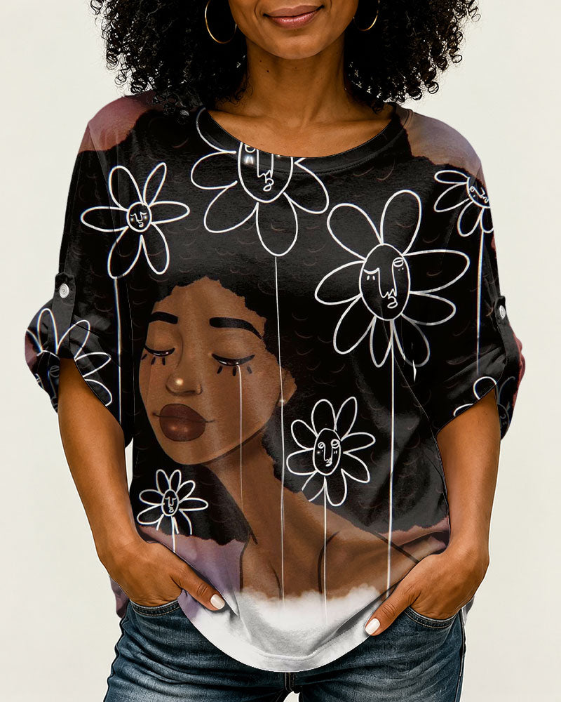 Floral Afro Cartoon Girls Print Shirt