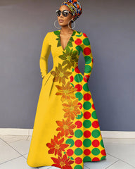 V-Neck Floral Polka Dot Patchwork Long-Sleeved Maxi Dress