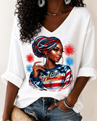Fourth of July Girl V-neck Half Sleeved Loose Top
