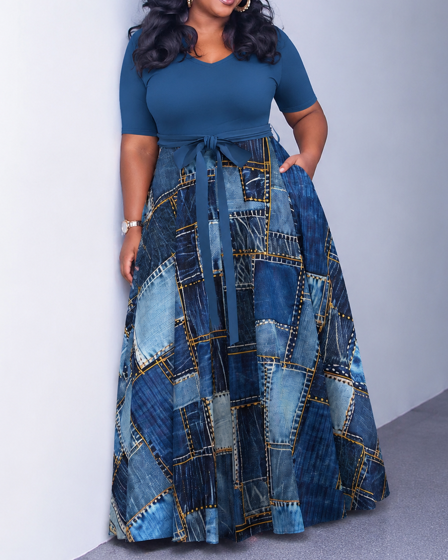 Fun Denim Patchwork Print V-Neck Tie-Strap Pocket Flared Maxi Dresses
