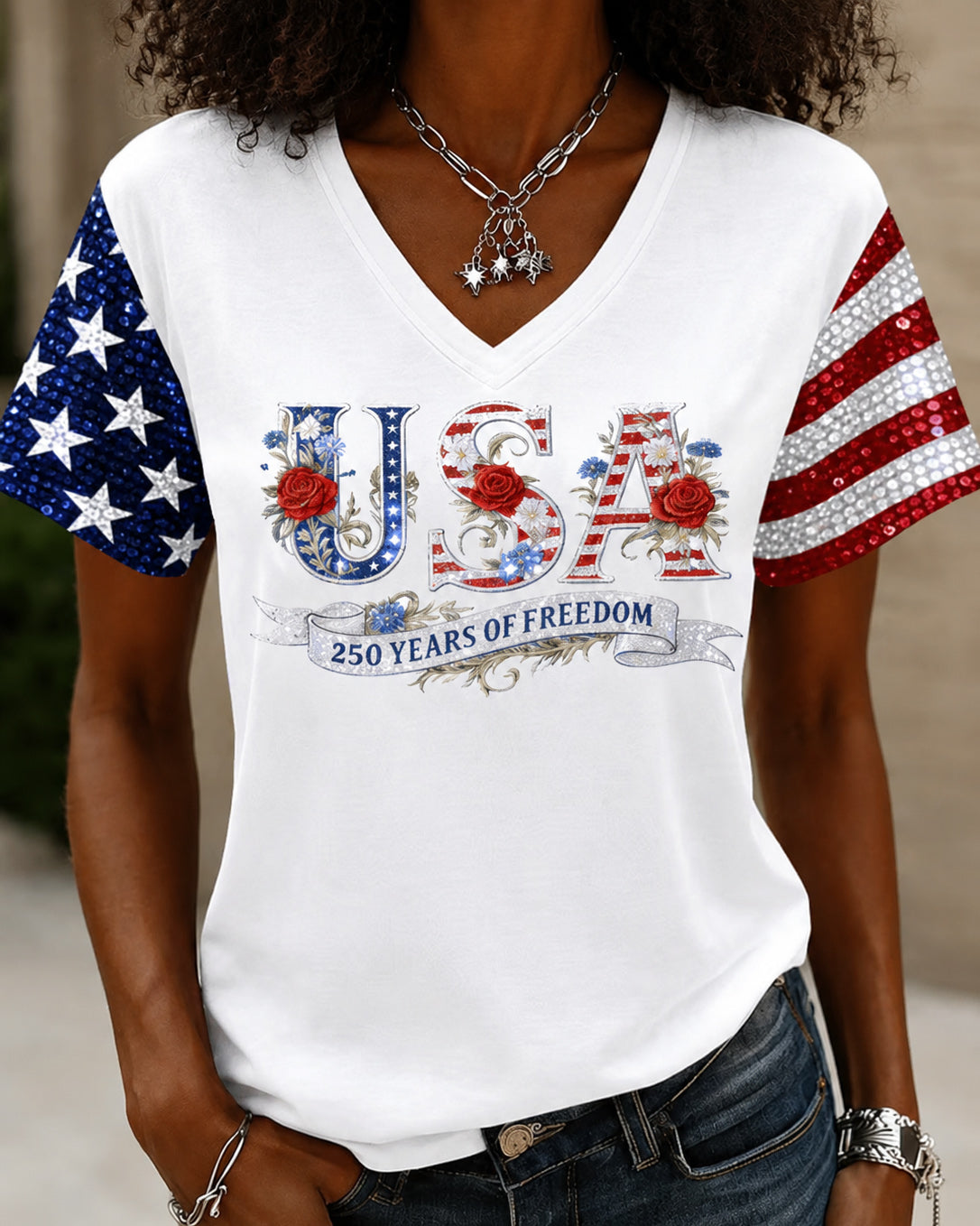 Fun Letter Floral Print V-neck Short Sleeve Tshirt