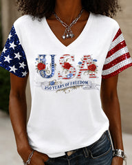 Fun Letter Floral Print V-neck Short Sleeve Tshirt
