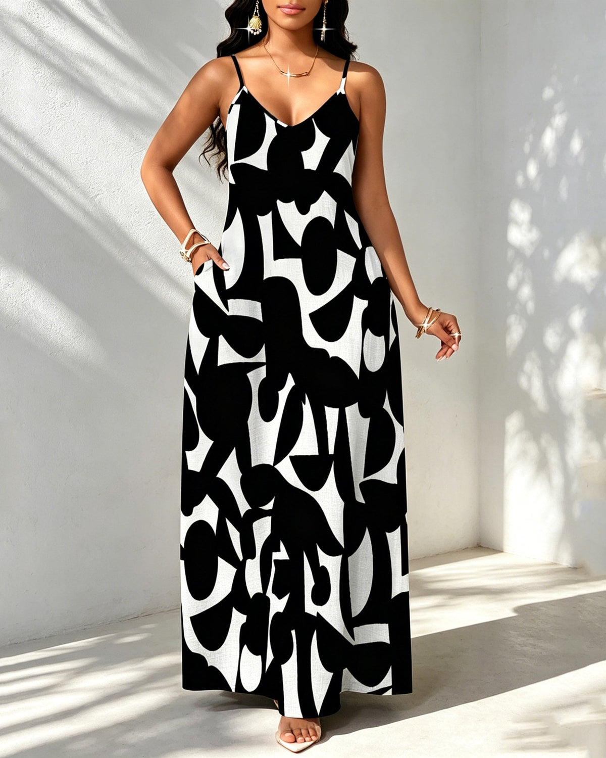 Geometric Print Pocket Maxi Dress