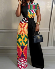 Geometric Pattern Print Patchwork Print High Waist Wide-leg Women's Two-piece Set