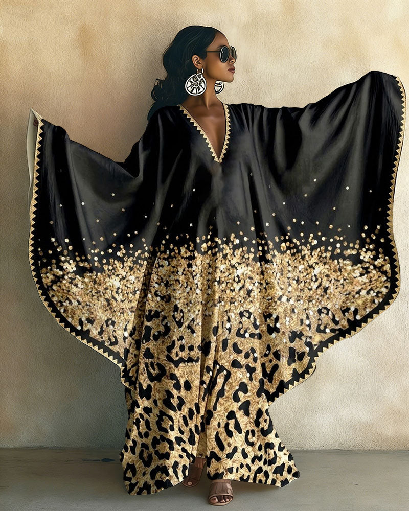 Gold Leopard Sequin Print V-neck Long Kaftan Dress