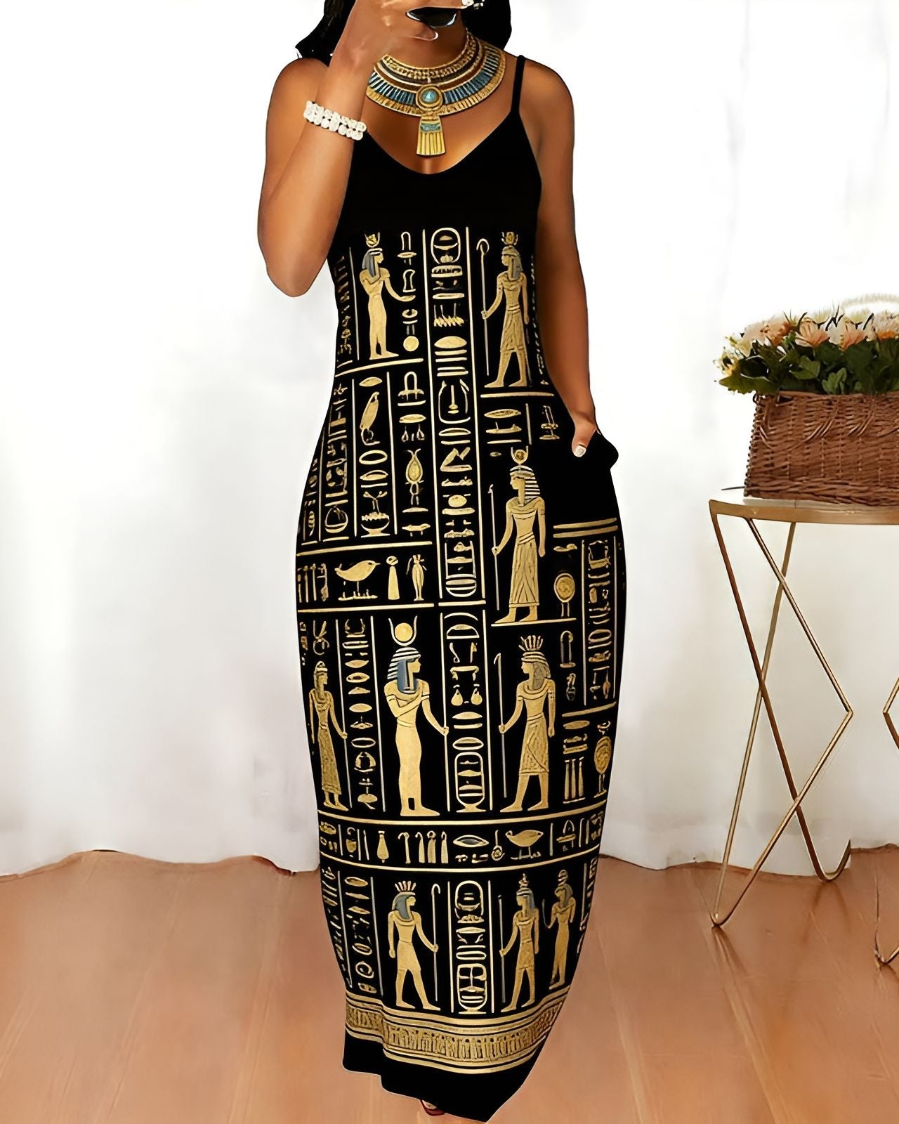 Sling Golden Egyptian Hieroglyphs Print Pocket Maxi Dress