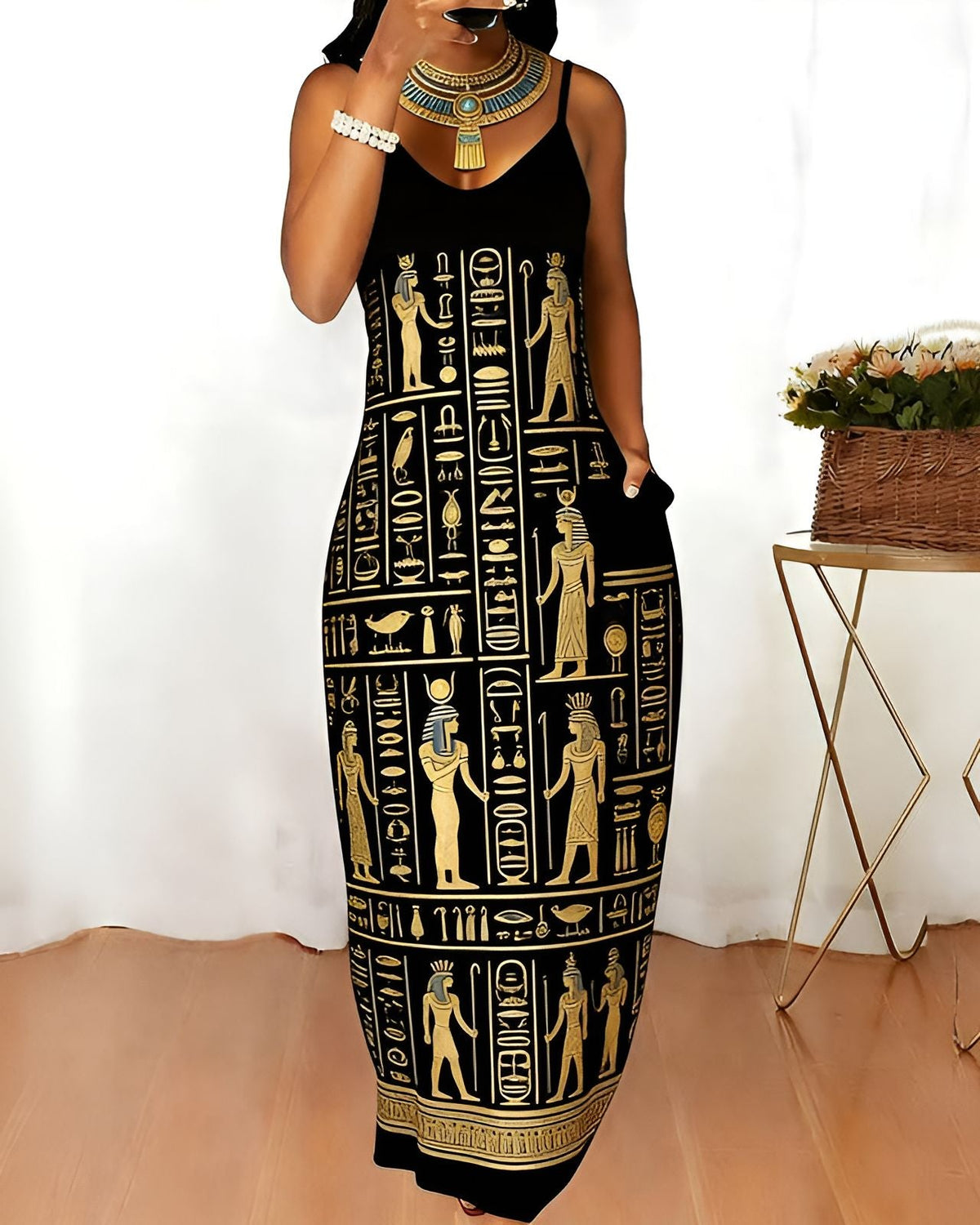 Sling Golden Egyptian Hieroglyphs Print Pocket Maxi Dress