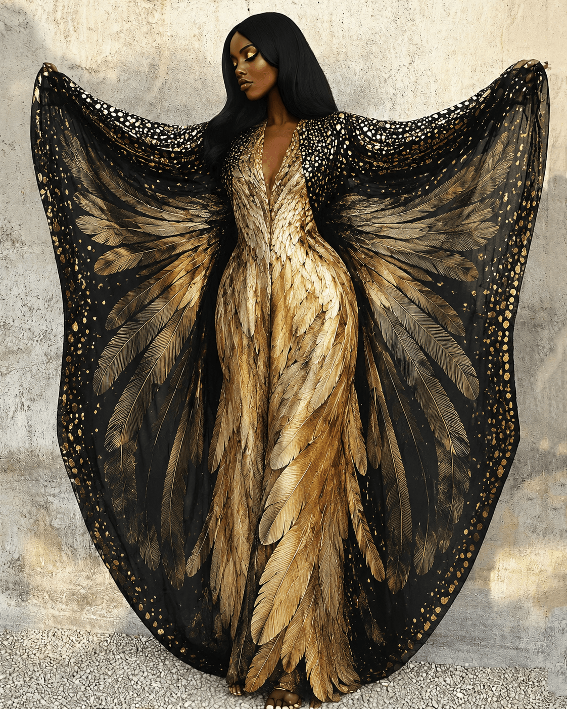 Golden Elegant Wings Print V-neck Long Kaftan Dress