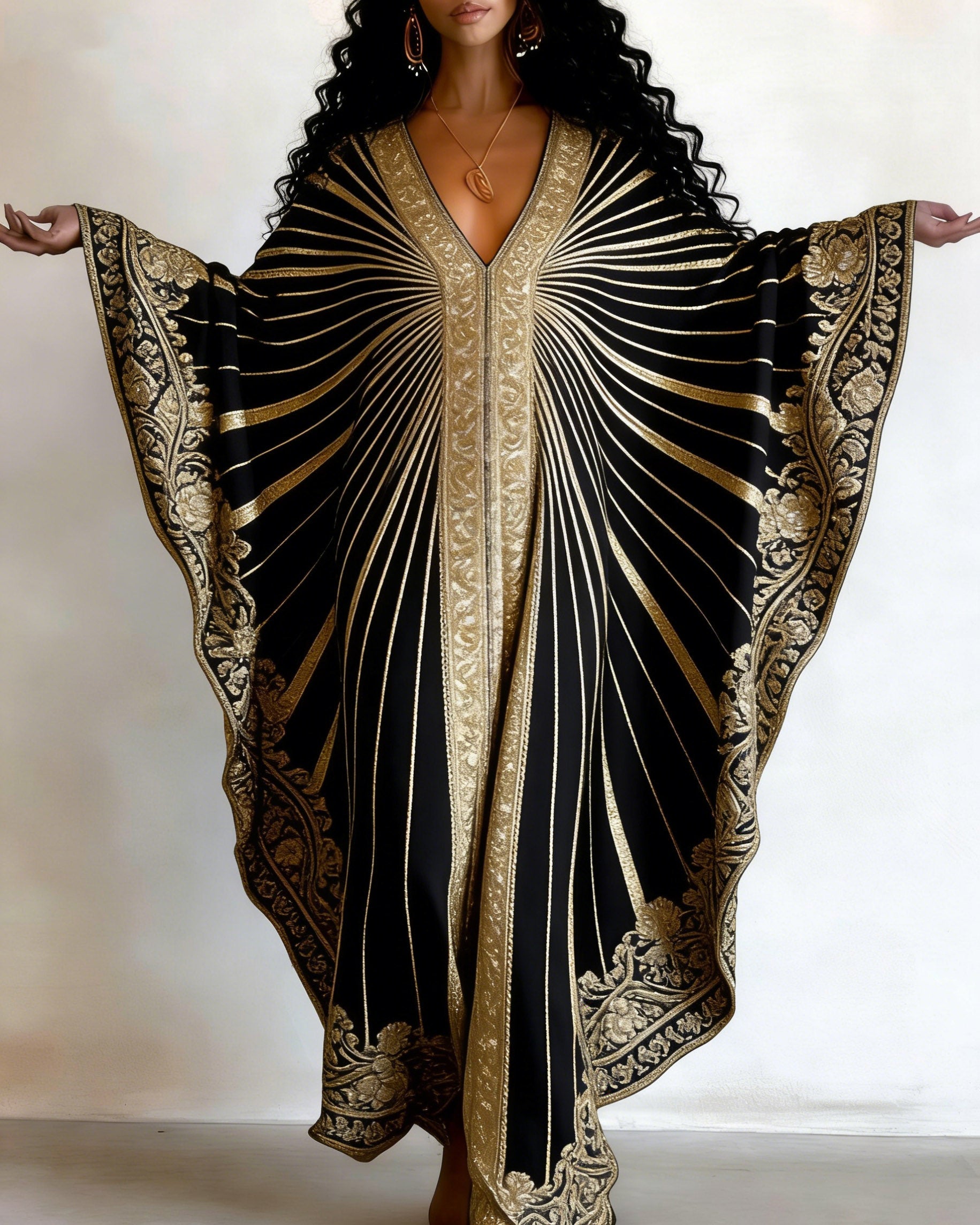 Golden Stripes African Aesthetics Print V-neck Long Kaftan Dress