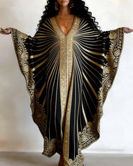 Golden Stripes African Aesthetics Print V-neck Long Kaftan Dress