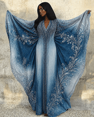 Gradient Floral Print V-neck Long Kaftan Dress
