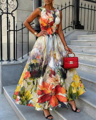 Graffiti Oil Painting Flowers Print Sleeveless Maxi Dress
