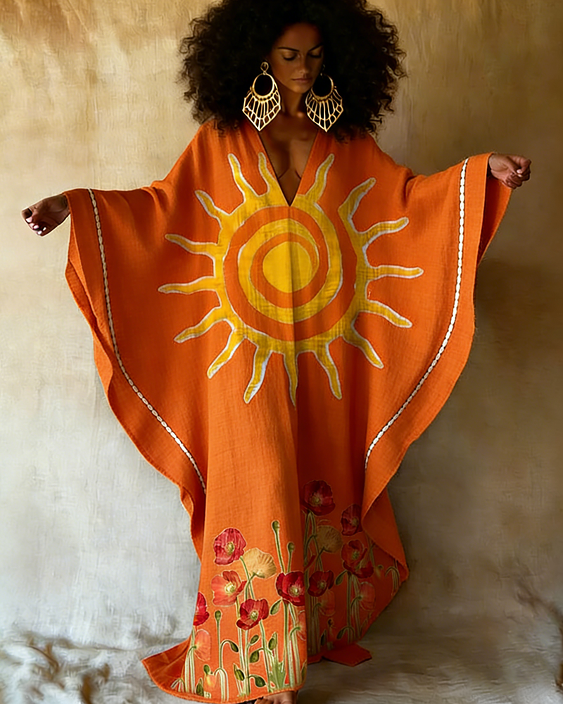 Graffiti Sunflower Print V-neck Long Kaftan Dress