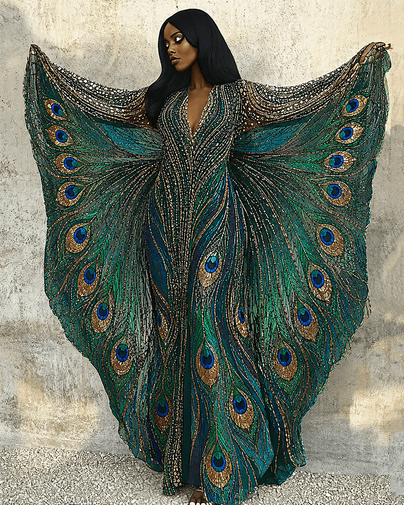 Green Peacock Wings Print V-neck Long Kaftan Dress
