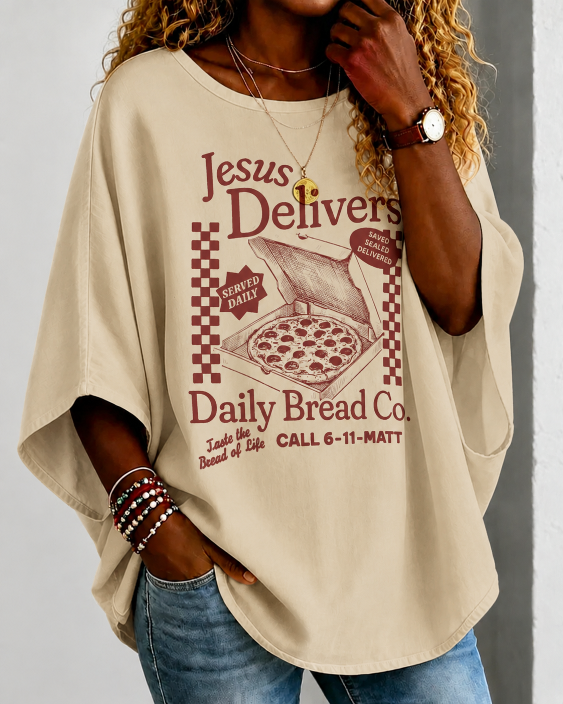 Jesus Delivers Pizza Christian Round Neck Loose Top