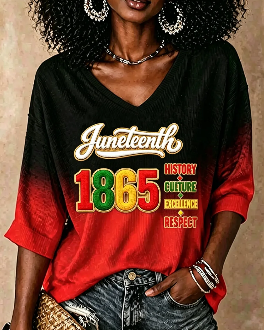 Juneteenth 1865 African American Pride Print V-neck Half Sleeved Loose Top