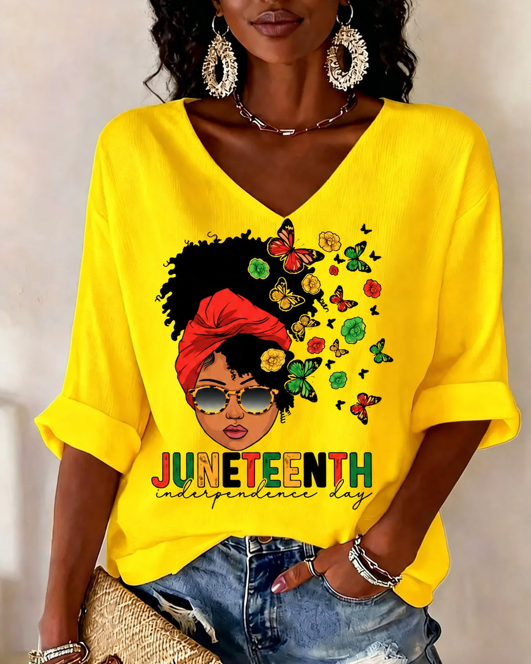 Juneteenth Butterfly Afro Girl V-neck Half Sleeved Loose Top