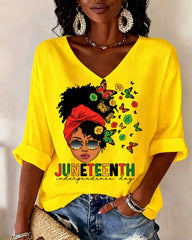 Juneteenth Butterfly Afro Girl V-neck Half Sleeved Loose Top