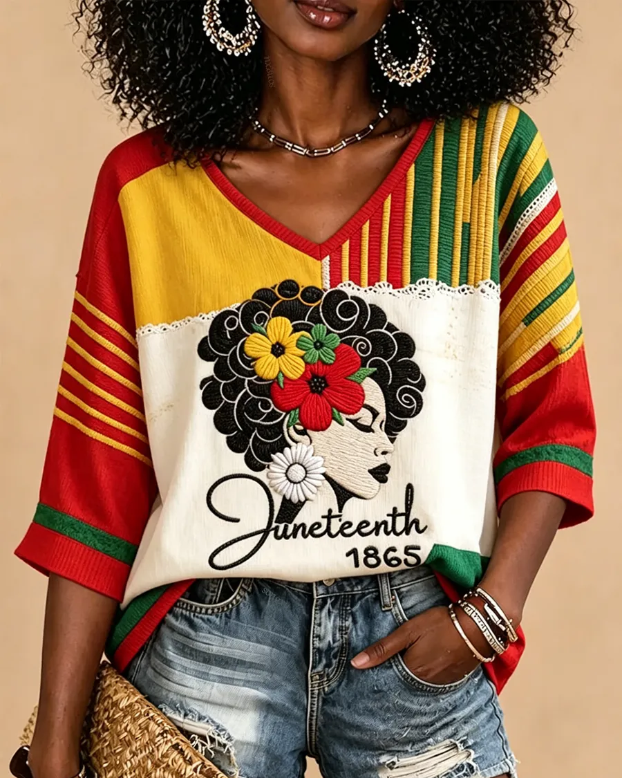 Juneteenth Striped Cartoon Girl Print V-neck Half Sleeved Loose Top