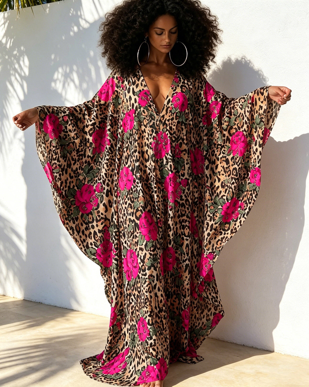 Leopard Print and Rose Floral Print V-neck Long Kaftan Dress