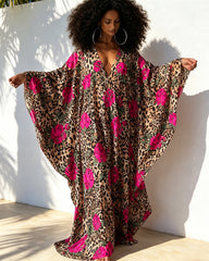 Leopard Print and Rose Floral Print V-neck Long Kaftan Dress