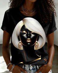 Line Art Girl Print Crew Neck Short Sleeve Tshirt