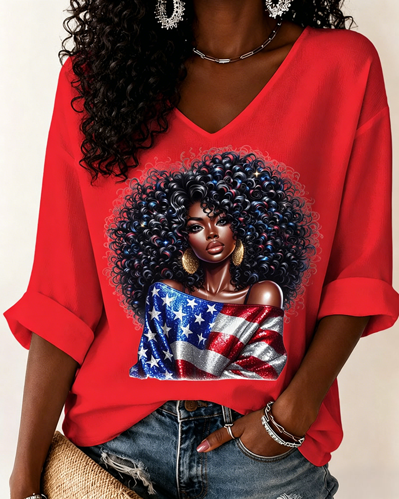 Melanin Black Woman V-neck Half Sleeved Loose Top
