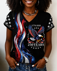 National Color Block Striped Flying Eagle Print V-neck Short Sleeve Tshirt