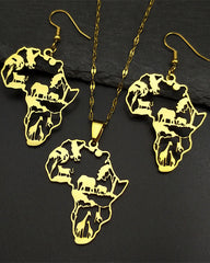 African Map & Animal Stainless Steel Earrings and Necklace