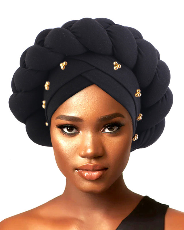 Golden Beaded 3D Oversized Twist Headscarf Beanie with Braid Accents