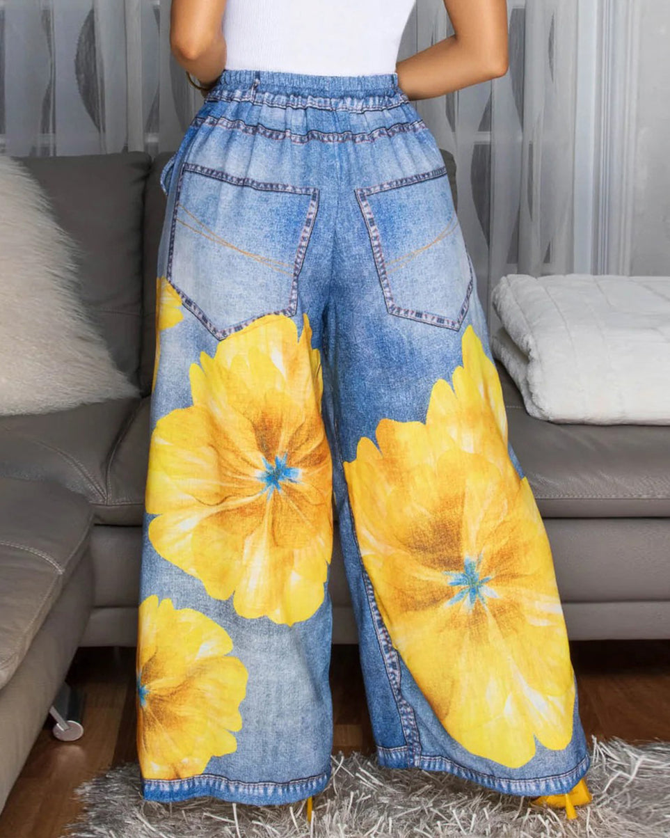 Summer Graffiti Print Casual Wide Leg Pants