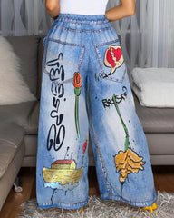 Summer Graffiti Print Casual Wide Leg Pants