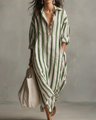 Loose V-neck Striped Summer 3/4 Sleeve Shirt Dress