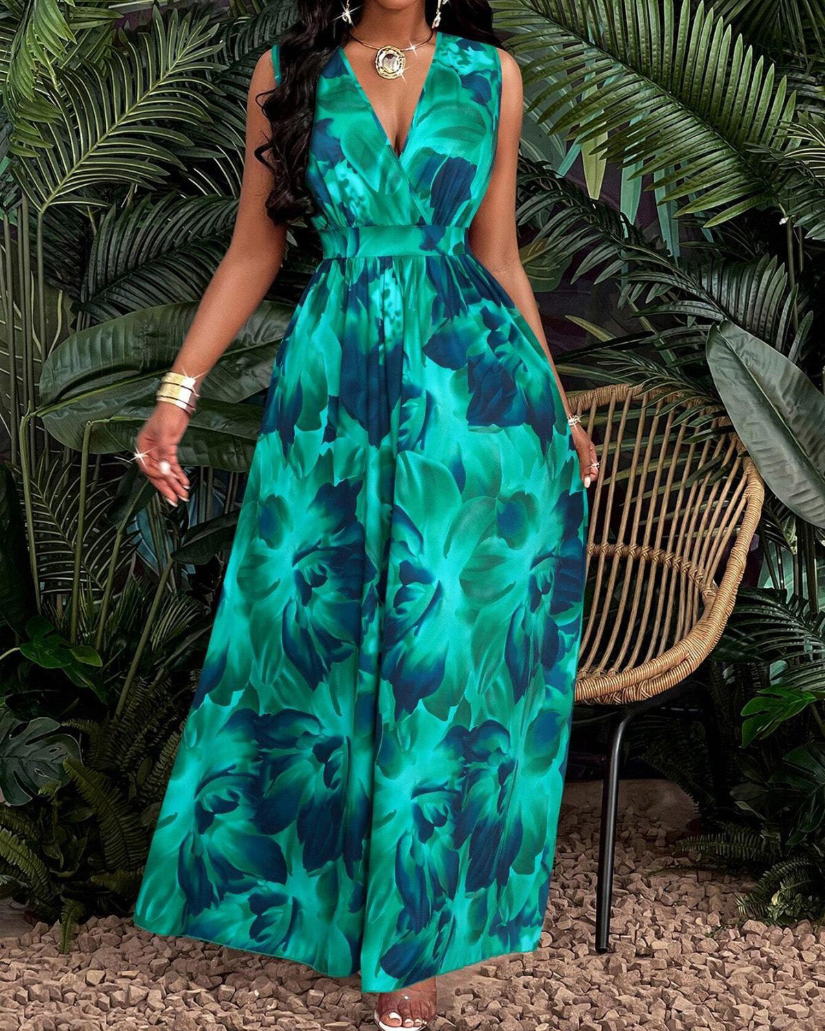 Sleeveless Waist-Cinched Vacation-Flowy Maxi Dress