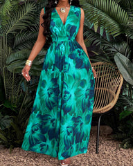 Sleeveless Waist-Cinched Vacation-Flowy Maxi Dress