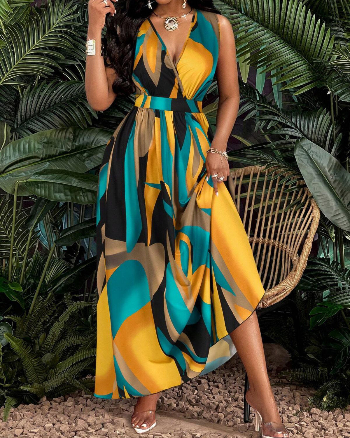 Sleeveless Waist-Cinched Vacation-Flowy Maxi Dress