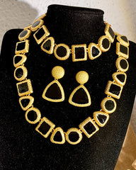 Geometric Color-Block Minimalist Black & Gold Jewelry Set (Necklace + Earrings + Bracelet)